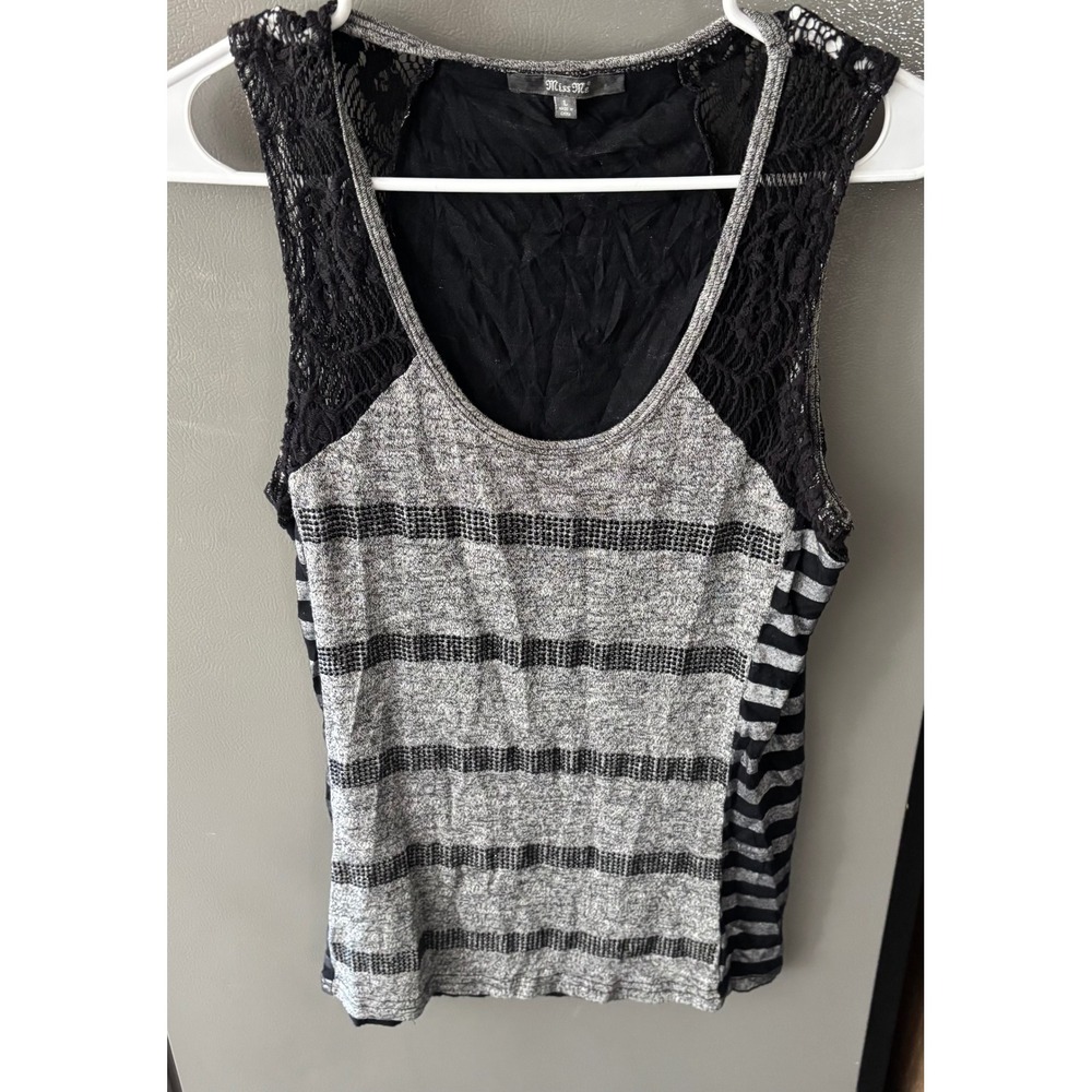 Miss Me Womens Gray Black Striped Lace Rhinestone Sleeveless Tank Top Large